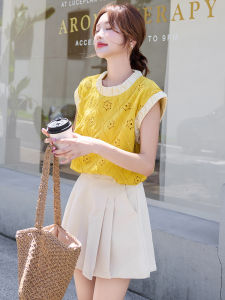 Shalldoer | เสื้อเชิ้ตแขนกุดคอปกกลวงลายสก็อตสไตล์ฮ่องกงย้อนยุคสำหรับผู้หญิงในช่วงฤดูร้อนใหม่ สีเหลืองโดปามีน ไม่ซ้ำใคร เสื้อตัวบนสุดเก๋