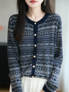 เสื้อคาร์ดิแกนถักผ้าขนสัตว์คอตตอนผสมขนสัตว์สไตล์ย้อนยุคสไตล์โรแมนติก แขนยาว ทรงหลวม ปกโปโล ปกโปโล