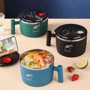 1pcs Stainless Steel Instant Noodle Bowl with Lid Student Dormitory Instant Noodle Cup Sealed and Portable Drain Bowl