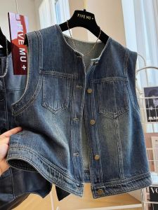 Retro Fashion Short Denim Vest Womens Stylish Short Sleeveless Jacket Vintage Washed Cotton Polyester Blend round Neck