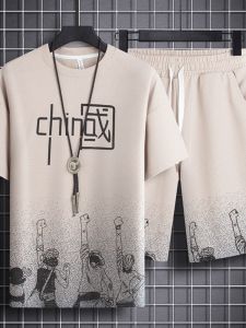 Casual Short Sleeve T-Shirt And Sport Shorts Mens Summer Outfit Set National Trend Loose Fit Youthful Popular Printed Wear