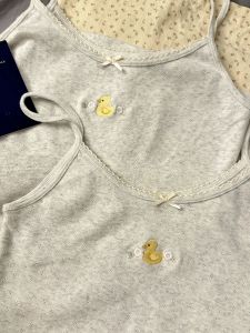 Short Pure Cotton Elastic Embroidery Vest Top for Women Brandy Girl BM Light Grey American Style Yellow Duck Trendy Ins