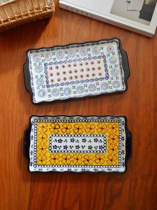 Elandar Hand-Painted Rectangular Ceramic Plate for Hot Pot Side Dishes Dumplings Sushi Breakfast Underglaze Color Plate