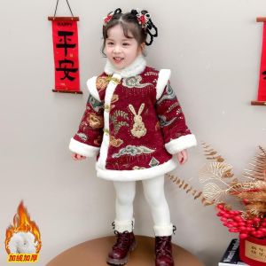 ชุดเดรสผ้าขนแกะสีแดงสำหรับเด็กผู้หญิง ชุดฤดูหนาว เสื้อผ้าเด็ก ชุดเยาวชน แฟชั่นฤดูใบไม้ร่วง/ฤดูหนาว ชุดเด็ก สไตล์จีนใหม่