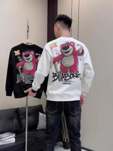 Strawberry Bear Print Fleece Lined Long Sleeve Mens Hoodie Base Layer T-Shirt Casual Youth Fashion Comfortable Fit round Neck