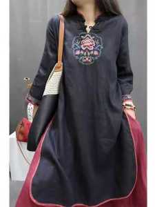 ชุดเดรสยาวปานกลางสไตล์จีน ผ้าฝ้ายลินิน ฤดูร้อน ปักลาย กระดุมสไตล์ย้อนยุค เสื้อเชิ้ตแขนยาว กระโปรงทรงเอ แฟชั่นผู้หญิง