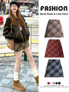 YIFANSHI | Coffee Colored Plaid High Waist A-Line Slim Fitting Half Skirt