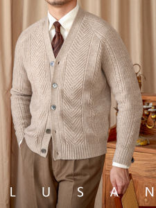 Mens Wool Embroidered Slim Fit Long Sleeve V-Neck Retro Style Cardigan