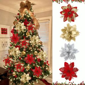 Christmas Glitter Flowers Fake Flower Christmas Tree Decorations for Home 2025 Tree Pendant Ornaments Navidad New Year 2026 Gift