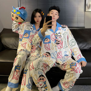 ชุดนอนผ้าฝ้ายลายทางแขนยาวคู่รัก ชุดนอนลำลองสำหรับฤดูใบไม้ผลิและฤดูใบไม้ร่วง ชุดอยู่บ้านสำหรับฤดูร้อน ชุดนอนผู้ชายและผู้หญิง