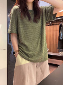 YUANYA | Womens Korean Style Round Neck Green Striped Relaxed Short Sleeve T-shirt