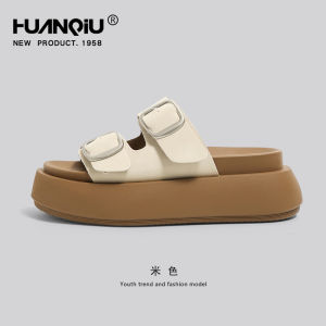 HuanQiu Thick Heel Birkenstock Slippers Womens Casual Beach Sandals Anti-Slip Summer Slip-On Shoes PU Leather Rubber Sole