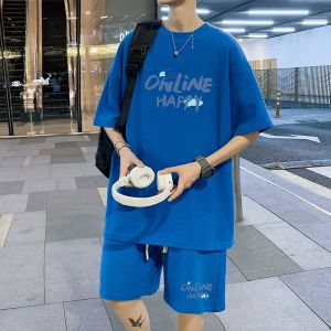 ROMON | Romon Mens Casual Ice Silk Short Sleeve T-Shirt Sports Suit Summer Thin Five-Quarter Pants Polyester Fiber Running Outfit