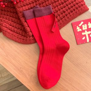 Red Cotton Socks for Women Wedding Couple Mid-Calf Personality New Year Long Socks Pure Cotton Combed Material All Seasons