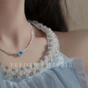 YUEJIAN Blue Sapphire Womens Necklace Set Silver Dust Choker Trendy Fashion Jewelry Alloy Pendant Fresh out Korean Style