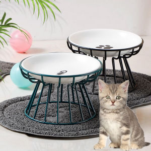 Pet Food Bowl Cat Anti Overturning High Feet Ceramic Neck Protection Bowl Cat Shallow Mouth Bowls