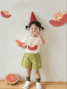 YOEHYAUL | Bộ Áo Thun và Quần Short Hình Hoạt Hình Dễ Thương cho Mùa Hè