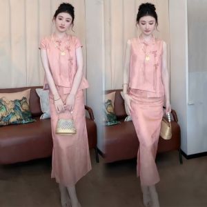 New Chinese Style High Waist Mini Skirt And Vest Two Piece Set for Women with Button Detail Summer Fashion Ensemble