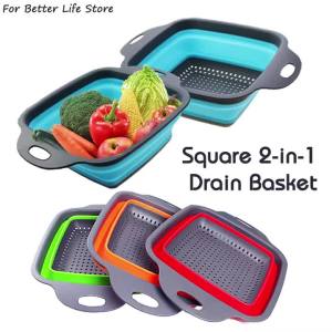 1Pc 2in1 Silicone Folding Drain Fruit Vegetable Washing Basket Foldable Strainer Collapsible Drainer Kitchen Storage Tool Dish