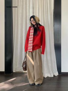 Khaki Washed Cotton Wide Leg Pants High Waist Loose Casual Straight Leg Trousers Womens New Style Spring Season Fashion