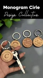 Transfer it Customized/Personalized Wooden Circle Keychain Monogram Design Laser Engraved W/ Box