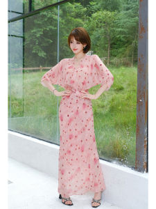 Floral Printed Pink Dot Copper Ammonia Silk Dress with Waist-cinching V-neck and Bat-wing Sleeves