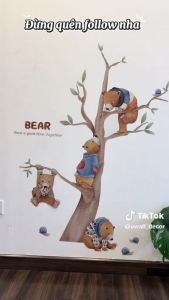 Decal Giấy Dán Tường Chủ Đề Động Vật Đáng Yêu - Gấu Thỏ Mèo Voi Có Keo Sẵn