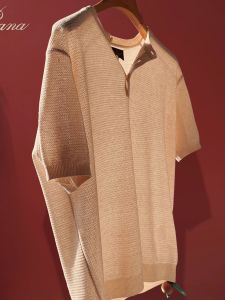 Stylish Summer Mens T-Shirt Lenzing Hemp Knitted Hollow out Henry Collar Short Sleeve Breathable Urban Fashion Standard Fit