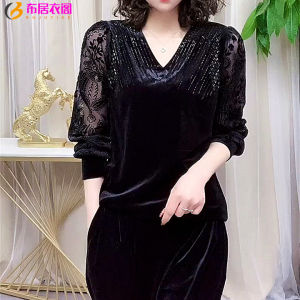Chic Mommy Spring Autumn New Style V-Neck Sequin Velvet Patchwork Base Layer Ladies Slimming Top Long Sleeve Commute Wear
