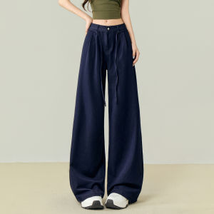 LIDIA | American Style Drawstring High Waist Wide Leg Denim Blue Pants