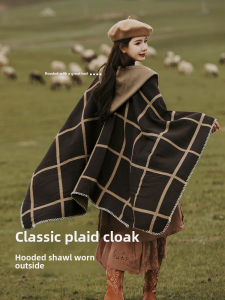 Hooded Wrap Ethnic Style Plaid Scarf Womens Travel Warmth National Wind 2024 New Outing Pashmina Shawl Long Rectangle Scarf