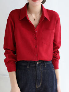 French Vintage Red Flocking Shirt Womens Autumn Design Simple Fashion Long Sleeve Commute Shirt Loose Fit Polyester Fiber