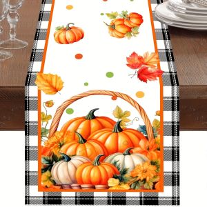 1 Piece of Autumn Pumpkin Plaid Table Runner Painted Dots Pumpkin Baskets Autumn Leaves Suitable for Restaurants Home Furnishings Harvest Parties Pastoral Market Create a Warm Autumn Feel.