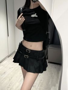 plus Size Womens American Style Short Skirt Black Pleated High Waist Double Belt Anti-Light Half Body Skirt Commute Korean Style