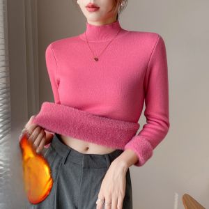 chaqi | Áo len dệt kim lót lông cừu dày cho nữ cổ cao áo lót giữ nhiệt dáng ôm dài tay thời trang thu đông áo len cổ đứng