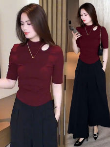 Slim Fit mid Sleeve T-Shirt Womens Spring Autumn Design Sense Hollow out Half High Collar Base Shirt Inner Wear Top