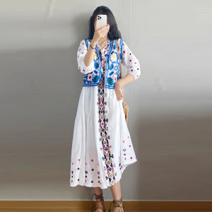 Phong Cách Bohemian Quần Áo Du Lịch Nữ Midi Đầm Dân Tộc Phong Cách Độc Đáo Khi Đi Nghỉ Trên Bãi Biển Cotton Vải Bông Cổ Chữ V Tay Phồng Pha Trộn Đầm