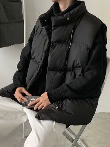 เสื้อกั๊กผ้าฝ้ายแบบหนาสำหรับผู้ชาย ฤดูใบไม้ร่วง/ฤดูหนาว สไตล์อเมริกัน อบอุ่น แขนกุด ทรงหลวม เสื้อกั๊กแบบสวมหัว