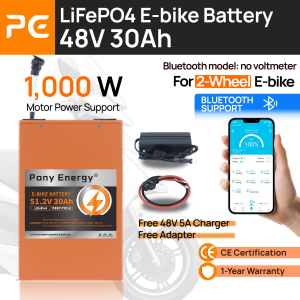 Pony Energy 2-Wheel E-Bike LiFePO4 Battery 48V 30Ah (1000W) / 60V 30Ah (1500W) Bluetooth & Built-in BMS 50A/60A Stainless Steel Case Lithium Iron Phosphate Battery