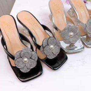 Giày cao gót nữ - Guốc cao gót vuông trong xoắn 6p quai mảnh kẹp ngón đính hoa hạt châu Giày Dép nữ cao gót - G79