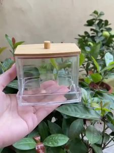 Hộp Đựng Tăm Bông Hai Đầu Trong Suốt Hình Vuông Nắp Tre Chất Liệu PVC Hộp Đựng Tăm Dụng Cụ Đựng Đồ Dùng Gia Đình