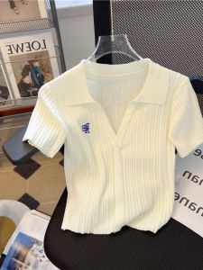 Áo Thun Dệt Kim Tay Ngắn Thêu Thời Trang Mùa Hè Cho Nữ Áo Thun Cổ Polo Tay Ngắn Dáng Ôm Chất Liệu Polyester Phong Cách Công Sở Hàn Quốc