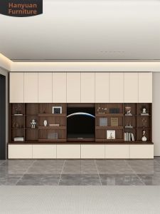 HANYUAN | Custom Wall-to-Ceiling TV Background Bookshelf with Seat