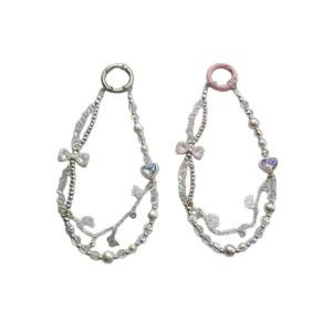 Silver alloy light luxury style double-layer mobile phone chain Guohua pearl car keychain crystal bead bag decoration