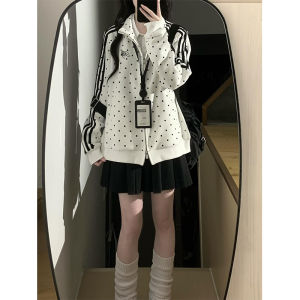 XIANGBAIWEI | Slim Fitting Dots Print Stand Collar Leisure Zipper Hoodie