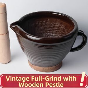 Dense Teeth Mortar With Wooden Pestle Garlic Crusher And Rice Paste Grinder