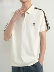 HENGYUANXIANG | Hengyuanxiang Mens Polo Shirt Half Zipper Short Sleeve Striped T-Shirt Fashionable Urban Style Breathable Lightweight Cotton Polyester Blend Summer New Arrival