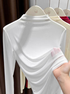 Womens Mesh Halter Neck Long Sleeve Base Shirt Transparent Thin Tulle Blouse Korean Style Commute Pure Color Spring Fashion