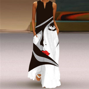 Fashionable V-Neck 3D Printed Long Dress Spring Summer Thin Large Size Womens Clothing Pocket Insert A-Line Skirt Style