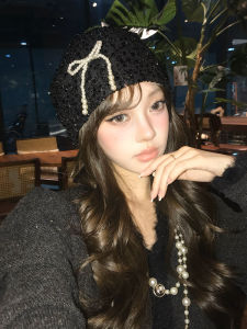 ผู้หญิง ฤดูใบไม้ร่วง ฤดูหนาว หมวกปมผีเสื้อมุกเลื่อมยืดได้หนึ่งขนาดเหมาะกับใบหน้าส่วนใหญ่ พรางหุ่น หมวกสไตล์โดมสภาพอากาศหนาวเย็น